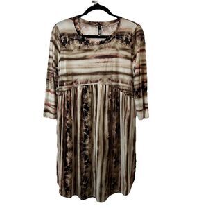 Yahada Tan Brown Striped Tie Dye 3/4 Sleeve Midi Dress Boho Pocket Womens Size M